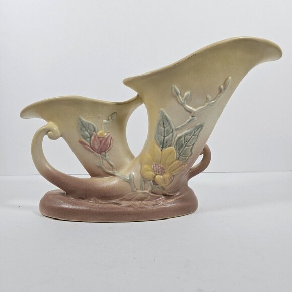 Vintage Hull Art Pottery MCM Magnolia Double Cornucopia Vase Pink & Yellow 6-12 - Picture 1 of 9